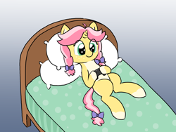 Size: 2000x1500 | Tagged: safe, artist:craftycirclepony, imported from derpibooru, oc, oc only, oc:crafty circles, unicorn, bed, bow, butt freckles, coat markings, controller, cute, female, filly, foal, freckles, gradient background, hair bow, hoof hold, horn, in bed, lying down, pillow, playing, smiling, socks (coat markings), solo, video game