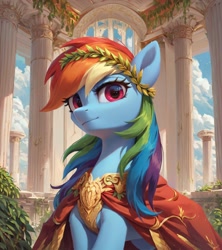 Size: 2048x2304 | Tagged: safe, imported from derpibooru, rainbow dash, pegasus, pony, ai content, ai generated, cloak, clothes, cute, female, generator:pony diffusion v6 xl, generator:stable diffusion, laurel wreath, looking at you, majestic, mare, prompter:ramprover, rome, solo, standing