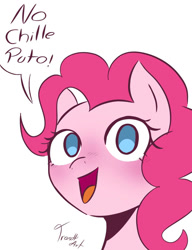 Size: 783x1020 | Tagged: safe, artist:trash-art06, imported from twibooru, pinkie pie, image, looking at you, needs more jpeg, simple background, spanish, speech bubble