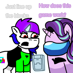 Size: 1280x1280 | Tagged: safe, artist:josephthedumbimpostor, imported from derpibooru, starlight glimmer, oc, oc:tetris effect, unicorn, among us, duo, game boy, glimpostor, horn, simple background, tetris, white background