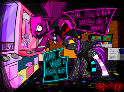 Size: 3614x2681 | Tagged: safe, artist:xxv4mp_g4z3rxx, imported from derpibooru, oc, oc only, oc:spaced out, oc:violet valium, bat pony, pony, angry, arcade, beanie, button, choker, claw machine, clothes, colored sclera, concession stand, detailed background, duo, flying, hat, hoodie, hospital band, implied rainbow dash, kandi bracelet, piercing, purple eyes, purple mane, purple tail, red eyes, signature, socks, speech bubble, spiked wristband, spread wings, striped socks, tail, tamagotchi, tanktop, torn clothes, two toned mane, two toned tail, vulgar, wings, wristband, yellow sclera