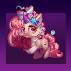 Size: 2500x2500 | Tagged: safe, artist:n3tt0l, imported from derpibooru, oc, oc only, pony, unicorn, art trade, blushing, bow, butt blush, candy, chibi, child, clothes, collar, curly hair, curly mane, curly tail, female, food, glasses, gradient background, hair bow, horn, lollipop, looking up, pink eyes, pink hair, shiny eyes, shiny hair, smiling, socks, solo, tail