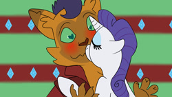 Size: 1280x720 | Tagged: safe, artist:helathahstudios, imported from derpibooru, capper dapperpaws, rarity, abyssinian, pony, unicorn, my little pony: the movie, blushing, capperity, duo, duo male and female, eyes closed, eyeshadow, female, heart, heart eyes, horn, human shoulders, interspecies, kissing, makeup, male, shipping, straight, wingding eyes