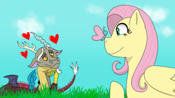 Size: 1280x720 | Tagged: safe, artist:helathahstudios, imported from derpibooru, discord, fluttershy, butterfly, draconequus, pegasus, pony, butterfly on nose, cloud, discoshy, duo, duo male and female, female, grass, heart, insect on nose, interspecies, lidded eyes, lying down, male, raised hoof, shipping, sky, smiling, straight