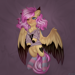 Size: 3000x3000 | Tagged: safe, artist:n3tt0l, imported from derpibooru, oc, oc only, pegasus, pony, art trade, bedsheets, belly fluff, birthmark, blue eyes, blushing, chest fluff, clothes, coat markings, ear piercing, earring, eye scar, eyelashes, facial scar, female, jewelry, looking at you, one eye closed, piercing, pink hair, scar, shiny eyes, shiny mane, smiling, smiling at you, socks, solo, spots, spread wings, sweater, wings, yellow skin