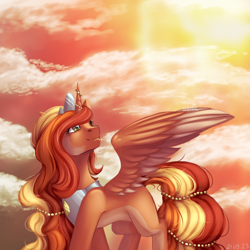 Size: 3000x3000 | Tagged: safe, artist:n3tt0l, imported from derpibooru, oc, oc only, alicorn, pony, beads, cloud, crown, curly hair, curly mane, curly tail, female, green eyes, jewelry, looking up, orange hair, orange skin, peytral, regalia, requested art, sky, smiling, solo, spots, spread wings, sunset, tail, wings