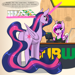 Size: 3072x3072 | Tagged: safe, artist:theuser, imported from derpibooru, princess cadance, twilight sparkle, alicorn, pony, the last problem, alicorn metabolism, back of head, butt, dock, duo, duo female, featureless crotch, female, folded wings, food, glowing, glowing horn, height difference, horn, imminent stuffing, long horn, long mane, long tail, magic, older, older twilight, older twilight sparkle (alicorn), plot, princess twilight 2.0, subway, tail, tall, telekinesis, twilight sparkle (alicorn), wings