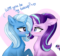 Size: 1616x1526 | Tagged: safe, artist:queenofsilvers, imported from derpibooru, starlight glimmer, trixie, twilight sparkle, pony, unicorn, :c, ><, blushing, chest fluff, cross-popping veins, cute, dialogue, diatrixes, duo focus, ear fluff, emanata, eye contact, eyes closed, female, frown, glimmerbetes, grin, heart, horn, lesbian, looking at each other, looking at someone, mare, offscreen character, profile, shipping, side view, signature, smiling, startrix, teacup, that pony sure does love teacups, trio, trio female