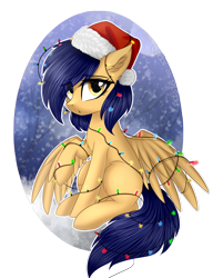 Size: 1306x1700 | Tagged: safe, artist:queenofsilvers, imported from derpibooru, oc, oc only, oc:vega light, pegasus, pony, chest fluff, christmas, christmas lights, commission, ear fluff, eye clipping through hair, eyebrows, eyebrows visible through hair, female, hat, holiday, looking at you, mare, pegasus oc, santa hat, simple background, solo, spread wings, tail, tangled up, transparent background, wings, ych result