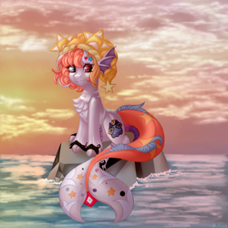 Size: 2500x2500 | Tagged: safe, artist:n3tt0l, imported from derpibooru, oc, oc only, original species, pony, accessory, art trade, blue eye, chest fluff, cloud, coat markings, curly hair, curly mane, fins, fish tail, full body, hat, heterochromia, ocean, pink hair, red eye, rock, shiny eyes, sitting, sky, smiling, solo, stars, stripes, sunset, tail, unshorn fetlocks, water