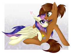 Size: 2317x1684 | Tagged: safe, artist:queenofsilvers, imported from derpibooru, oc, oc only, oc:coppercore, oc:lilith kamaria, pegasus, pony, unicorn, blushing, chest fluff, commission, cuddling, duo, duo male and female, ear fluff, eye clipping through hair, eyebrows, eyebrows visible through hair, female, folded wings, heart, horn, male, mare, oc x oc, one eye closed, pegasus oc, shipping, signature, smiling, stallion, tail, unicorn oc, wings