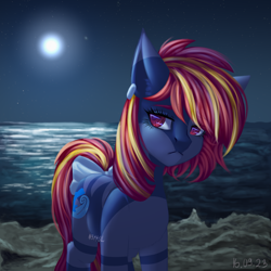 Size: 2500x2500 | Tagged: safe, artist:n3tt0l, imported from derpibooru, oc, oc only, earth pony, pony, beach, blue skin, bow, colored eyebrows, dark background, ear piercing, earring, eyelashes, gift art, hair bow, half body, jewelry, moon, night, ocean, piercing, red eyes, red hair, red mane, red tail, sad, sand, shiny eyes, solo, stars, striped mane, striped tail, stripes, tail, water