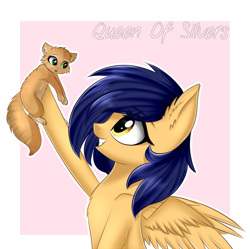 Size: 1085x1081 | Tagged: safe, artist:queenofsilvers, imported from derpibooru, oc, oc only, oc:vega light, cat, pegasus, pony, chest fluff, ear fluff, eye clipping through hair, eyebrows, eyebrows visible through hair, female, gift art, grin, holding, looking up, mare, pegasus oc, profile, side view, smiling, solo, spread wings, wings