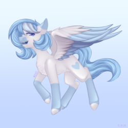 Size: 2500x2500 | Tagged: safe, artist:n3tt0l, imported from derpibooru, oc, oc only, pegasus, pony, blue background, blue eyes, blue hair, blue mane, blue tail, chest fluff, coat markings, colored ears, colored eyebrows, colored hooves, colored mouth, eyelashes, fangs, fluffy, fringe, gradient background, light skin, open mouth, short hair, simple background, solo, spread wings, tail, tongue out, wings