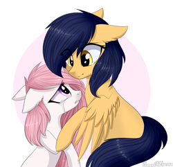 Size: 1621x1564 | Tagged: safe, artist:queenofsilvers, imported from derpibooru, oc, oc only, oc:vega light, pegasus, pony, unicorn, comforting, crying, duo, duo female, ear fluff, eye clipping through hair, eyebrows, eyebrows visible through hair, female, horn, looking at each other, looking at someone, mare, pegasus oc, sad, signature, simple background, smiling, spread wings, tail, teary eyes, unicorn oc, white background, wings