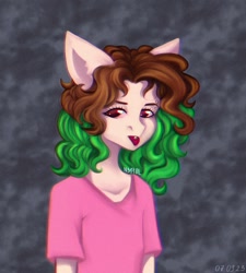 Size: 970x1080 | Tagged: safe, artist:n3tt0l, imported from derpibooru, oc, oc only, anthro, pony, 3d effect, brown eyes, brown hair, curly hair, displeased, eyelashes, gray background, green hair, half body, light skin, piercing, pink shirt, ponified, shiny eyes, shiny hair, simple background, solo, tongue out, tongue piercing