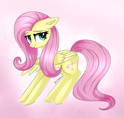 Size: 2173x2077 | Tagged: safe, artist:queenofsilvers, imported from derpibooru, fluttershy, pegasus, pony, ear fluff, female, high res, looking at you, mare, one wing out, signature, smiling, smiling at you, solo, tail, wings