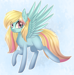Size: 1180x1196 | Tagged: safe, artist:queenofsilvers, imported from derpibooru, oc, oc only, pegasus, pony, chest fluff, commission, ear fluff, eye clipping through hair, eyebrows, eyebrows visible through hair, female, looking at you, mare, pegasus oc, raised hoof, raised leg, signature, smiling, smiling at you, solo, spread wings, tail, wings