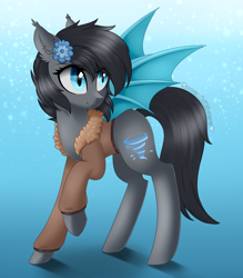 Size: 1410x1609 | Tagged: safe, artist:queenofsilvers, imported from derpibooru, oc, oc only, oc:seachell, bat pony, pony, bat ears, bat pony oc, bat wings, clothes, commission, ear fluff, eye clipping through hair, eyebrows, eyebrows visible through hair, female, flower, flower in hair, gradient background, jacket, looking sideways, mare, raised hoof, signature, slit pupils, smiling, solo, spread wings, tail, wings