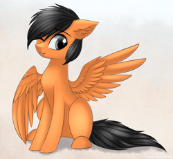 Size: 1846x1700 | Tagged: safe, artist:queenofsilvers, imported from derpibooru, oc, oc only, oc:power drift, pegasus, pony, commission, eye clipping through hair, eyebrows, eyebrows visible through hair, gradient background, looking at you, male, one eye closed, pegasus oc, sitting, smiling, smiling at you, solo, spread wings, stallion, tail, wings, wink, winking at you