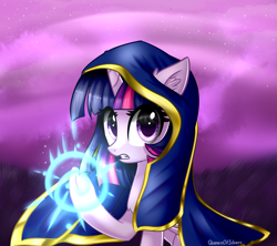 Size: 2173x1927 | Tagged: safe, artist:queenofsilvers, artist:queenofsilverss, imported from derpibooru, twilight sparkle, alicorn, pony, chest fluff, cloak, clothes, crossover, ear fluff, eye clipping through hair, female, folded wings, glowing, glowing hooves, high res, horn, jaina proudmoore, looking at you, mare, outdoors, raised hoof, solo, twilight sparkle (alicorn), warcraft, wings, world of warcraft