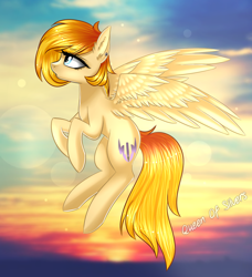Size: 1186x1300 | Tagged: safe, artist:queenofsilvers, imported from derpibooru, oc, oc only, pegasus, pony, art trade, ear fluff, female, flying, lens flare, mare, outdoors, pegasus oc, profile, side view, solo, spread wings, tail, wings