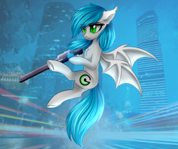 Size: 2014x1688 | Tagged: safe, artist:queenofsilvers, imported from derpibooru, oc, oc only, oc:sister note, bat pony, pony, bat ears, bat pony oc, bat wings, chest fluff, city, commission, ear fluff, eye clipping through hair, eyebrows, eyebrows visible through hair, female, flying, gun, mare, outdoors, slit pupils, solo, spread wings, tail, underhoof, weapon, wings