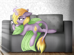 Size: 2035x1528 | Tagged: safe, artist:queenofsilvers, imported from derpibooru, oc, oc only, pony, unicorn, blanket, cellphone, chest fluff, couch, ear fluff, eyebrows, eyebrows visible through hair, female, gift art, glowing, glowing horn, horn, indoors, leg fluff, leonine tail, levitation, looking at something, lying down, magic, magic aura, mare, phone, prone, smartphone, smiling, solo, tail, telekinesis, underhoof, unicorn oc