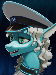Size: 3120x4200 | Tagged: safe, artist:neither, imported from derpibooru, oc, oc only, oc:starry eyes, seapony (g4), equestria at war mod, bust, cap, clothes, digital art, floppy ears, flowing mane, hat, high res, ocean, open mouth, portrait, scales, solo, swimming, underwater, water