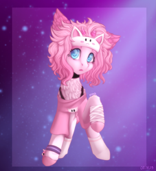 Size: 1961x2160 | Tagged: safe, artist:n3tt0l, imported from derpibooru, oc, oc only, earth pony, pony, accessory, bandage, blue eyes, bracelet, chest fluff, choker, clothes, coat markings, colored ears, curly hair, ear fluff, eyelashes, fluffy, gift art, headband, horns, jewelry, one ear down, open mouth, pink background, pink hair, pink shirt, pink skin, shiny eyes, short hair, simple background, socks, solo, surprised