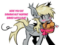 Size: 1492x1080 | Tagged: safe, artist:punkieple, imported from derpibooru, derpy hooves, bat pony, pony, ^^, basket, bat ponified, derpybat, english, eyes closed, female, food, mare, muffin, race swap, simple background, solo, white background