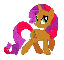 Size: 471x443 | Tagged: safe, artist:selenaede, artist:user15432, imported from derpibooru, cherry spices, pony, unicorn, base used, brown coat, green eyes, horn, looking up, multicolored mane, multicolored tail, not babs seed, raised hoof, rarity hair, recolor, simple background, smiling, solo, tail, transparent background