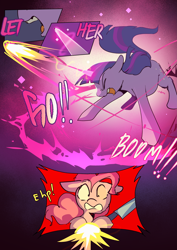 Size: 2733x3866 | Tagged: safe, artist:piesinful, imported from derpibooru, pinkie pie, twilight sparkle, earth pony, pony, unicorn, comic:unlucky day, fanfic:cupcakes, comic, dialogue, duo, duo female, female, fight, high res, hoof hold, implied rainbow dash, injured, magic, mare, unicorn twilight, yelling