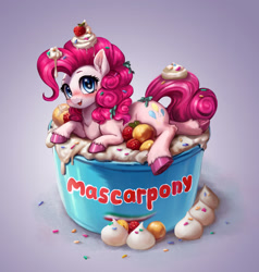 Size: 1835x1931 | Tagged: safe, artist:polnocnykot, imported from derpibooru, pinkie pie, earth pony, pony, adorable face, berry, blue eyes, blushing, bow, box, candy, cheese, chest fluff, cream, curly hair, curly mane, cute, dessert, diapinkes, ear fluff, eyebrows, female, fluffy, food, gradient background, hair bow, happy, hooves, looking at you, looking up, looking up at you, lying down, mare, mascarpone, open mouth, open smile, pink hair, pink mane, pony in a box, raised eyebrow, smiling, smiling at you, smol, solo, strawberry, sweets, tiny, tiny ponies, unshorn fetlocks, whipped cream