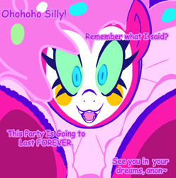 Size: 819x826 | Tagged: safe, alternate version, artist:klondike, imported from derpibooru, pinkie pie, earth pony, pony, alternate universe, clown, clown makeup, confetti, confetti in mane, eternal night au (janegumball), fangs, implied anon, looking at you, nightmare pinkie, nightmarified, text