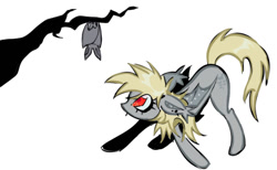 Size: 1280x791 | Tagged: safe, artist:punkieple, imported from derpibooru, derpy hooves, bat, bat pony, pony, bat ponified, bat wings, derpybat, female, mare, race swap, simple background, solo, tree, tree branch, white background, wings