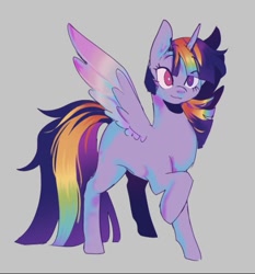 Size: 523x562 | Tagged: safe, artist:piesinful, artist:sinnerpie, imported from derpibooru, oc, oc only, alicorn, pony, eye clipping through hair, female, gray background, heterochromia, mare, simple background, solo, spread wings, wings