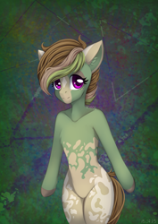 Size: 1530x2160 | Tagged: safe, artist:n3tt0l, imported from derpibooru, oc, oc only, anthro, earth pony, brown hair, coat markings, colored ears, eyelashes, gift art, green background, green skin, hips, looking at you, purple eyes, shiny eyes, short hair, simple background, smiling, smiling at you, solo, spots