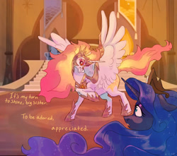 Size: 1700x1500 | Tagged: safe, artist:abbytabbys, imported from derpibooru, daybreaker, princess celestia, princess luna, alicorn, pony, alternate universe, armor, armored wings, black sclera, blue coat, blue eyes, castle of the royal pony sisters, colored eyebrows, colored sclera, crown, curly mane, dialogue, duo, duo female, ethereal mane, ethereal tail, evil grin, eyelashes, female, fiery mane, fiery tail, floppy ears, frown, grin, helmet, hoof shoes, horn, indoors, jewelry, long horn, looking at each other, looking at someone, mare, multicolored mane, multicolored tail, open frown, open mouth, orange eyes, peytral, princess shoes, profile, raised hoof, regalia, role reversal, royal sisters, screencap background, shrunken pupils, siblings, sisters, slit pupils, smiling, smiling at someone, spread wings, standing, starry mane, tail, talking, text, tiara, unicorn horn, wavy mane, wavy tail, white coat, wing armor, wing fluff, wingding eyes, wings, yellow text