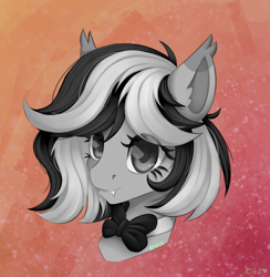 Size: 2106x2160 | Tagged: safe, artist:n3tt0l, imported from derpibooru, oc, oc only, bat pony, pony, black hair, bow, fangs, gradient background, gray eyes, gray skin, looking at you, shiny eyes, shiny hair, smiling, smiling at you, solo, striped hair, white hair