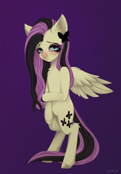 Size: 1506x2160 | Tagged: safe, artist:n3tt0l, imported from derpibooru, fluttershy, butterfly, pegasus, pony, blue eyes, blushing, emo, emoshy, gradient background, long hair, long mane, long tail, makeup, nose blush, purple background, red sclera, sad, shy, simple background, solo, tail, wings, wings down