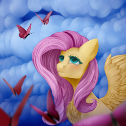 Size: 2000x2000 | Tagged: safe, artist:n3tt0l, imported from derpibooru, fluttershy, butterfly, pegasus, pony, blushing, chest fluff, cloud, cute, eyelashes, half body, shy, shyabetes, sky, smiling, solo, spread wings, wings