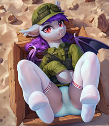 Size: 1080x1256 | Tagged: safe, imported from derpibooru, oc, oc only, bat pony, ai content, ai generated, clothes, desert, generator:pony diffusion v6 xl, generator:stable diffusion, military uniform, panties, prompter:radioglitch, socks, solo, striped socks, underwear, uniform