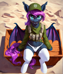 Size: 1080x1256 | Tagged: safe, imported from derpibooru, oc, oc only, bat pony, ai content, ai generated, belly, belly button, bulletproof vest, clothes, fangs, generator:pony diffusion v6 xl, generator:stable diffusion, midriff, military uniform, panties, prompter:radioglitch, sitting, socks, solo, stockings, thigh highs, underwear, uniform
