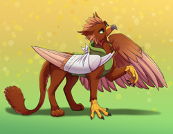 Size: 3600x2800 | Tagged: safe, artist:jack-pie, imported from derpibooru, oc, oc only, oc:pavlos, griffon, bandage, beak, broken bone, broken wing, cast, cheek fluff, claws, clothes, colored wings, commission, concave belly, eared griffon, gradient background, griffon oc, injured, large wings, male, non-pony oc, one wing out, sling, solo, tail, thinking, wing hands, wings