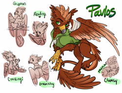 Size: 2974x2264 | Tagged: safe, artist:opalacorn, imported from derpibooru, oc, oc:pavlos, griffon, bandage, beak, broken bone, broken wing, cast, cheek fluff, claws, clothes, clumsy, colored wings, commission, cooking, eared griffon, faceplant, griffon oc, injured, male, non-pony oc, pain, reading, simple background, sling, tail, wings