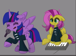 Size: 751x563 | Tagged: safe, artist:skylinepony_, imported from derpibooru, fluttershy, twilight sparkle, alicorn, pegasus, pony, clothes, duo, duo female, eyes closed, female, gray background, keyboard, micro, musical instrument, piano, sad, simple background, singing, sitting, twilight sparkle (alicorn)