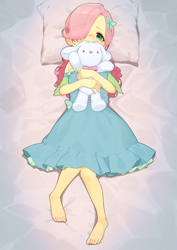 Size: 2894x4093 | Tagged: safe, artist:でかすじ, imported from derpibooru, fluttershy, human, equestria girls, barefoot, bed, blushing, clothes, dress, feet, hug, looking at you, lying down, on back, pillow, plushie, solo, younger