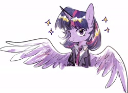 Size: 2048x1492 | Tagged: safe, artist:ssssn_sanao, imported from derpibooru, twilight sparkle, alicorn, pony, clothes, cute, female, half body, horn, looking at you, simple background, smiling, smiling at you, solo, sparkles, spread wings, twilight sparkle (alicorn), white background, wings