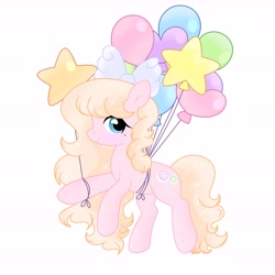 Size: 6890x6890 | Tagged: safe, artist:riofluttershy, imported from derpibooru, oc, oc only, oc:skywalker, earth pony, pony, balloon, blonde hair, blonde mane, blue eyes, bow, cute, female, hair bow, long hair, looking at you, mare, simple background, smiling, smiling at you, solo, sparkles, white background